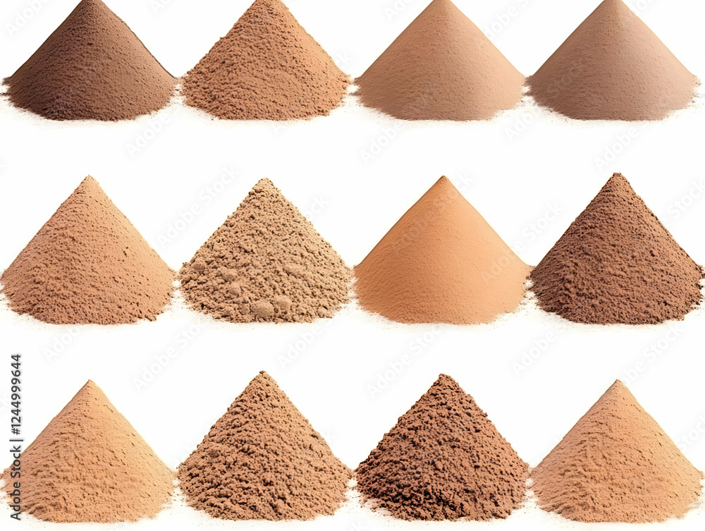 Fototapeta premium Twelve Conical Piles of Brown Powder Display Diverse Shades and Textures on a White Background