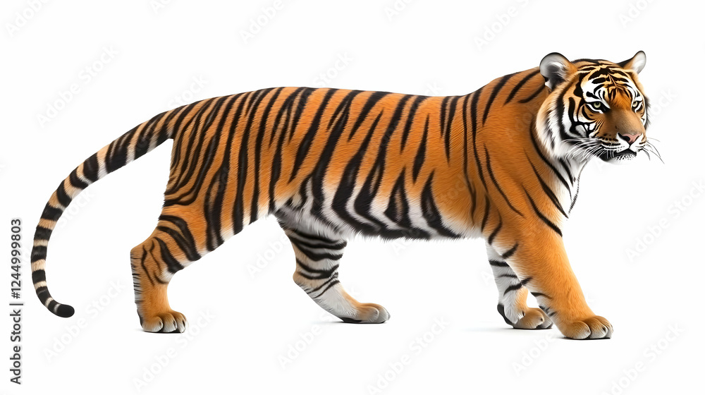 Obraz premium Majestic Tiger Walks with Confidence on a White Background in a Realistic Portrayal