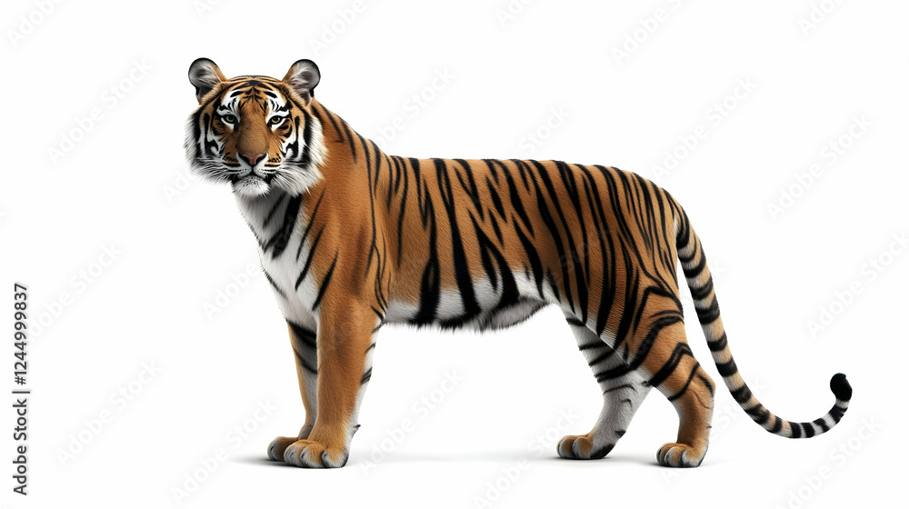 Obraz premium Realistic Tiger Stands Alert and Proud on White Background