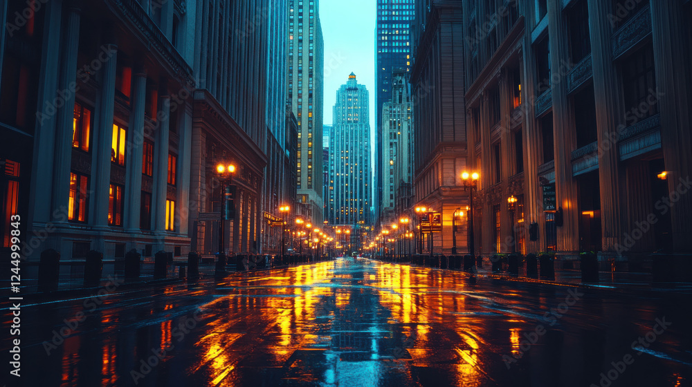 A misty financial district at dusk, dimly lit streetlights glowing through light rain, classic architecture with ornate details A misty financial district at dusk, dimly lit streetlights glowing through light rain, classic architecture with ornate details
