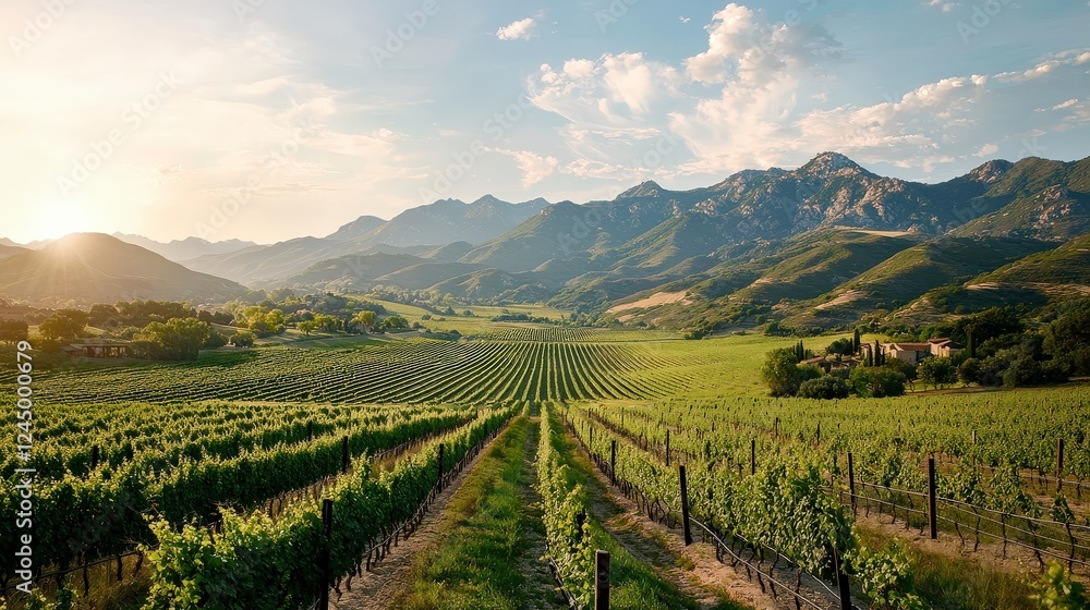 Fototapeta premium Serene Vineyard Landscape Under Golden Hour Light with Majestic Mountains in the Background