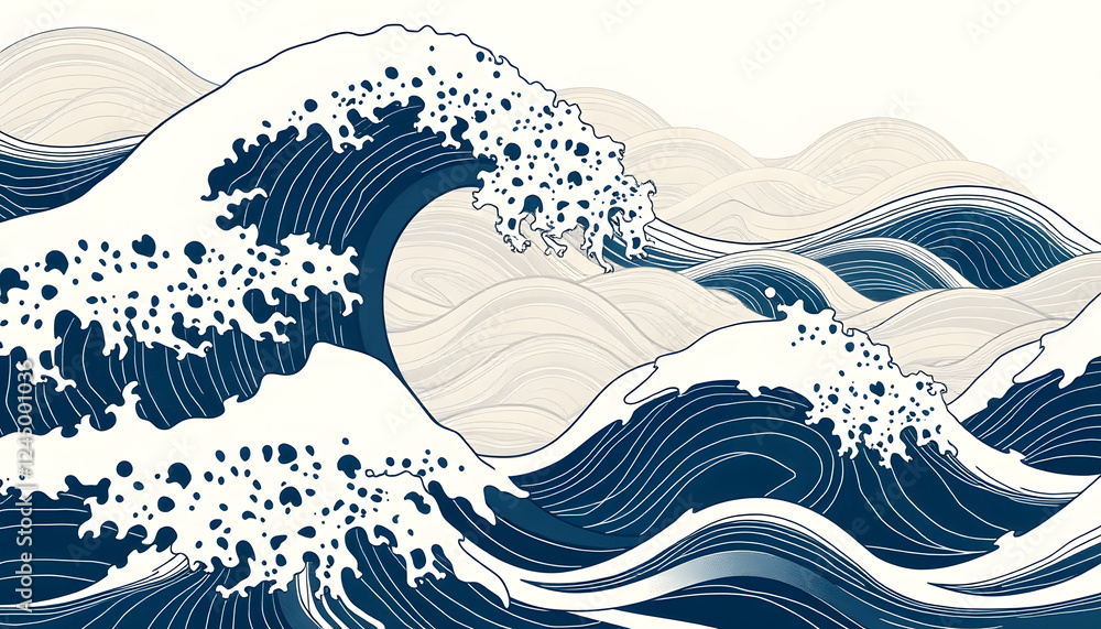 Elegant Japanese-inspired wave illustration, featuring bold blue tones and intricate details. Ideal for decor, branding, and prints Elegant Japanese-inspired wave illustration, featuring bold blue tones and intricate details. Ideal for decor, branding, and prints