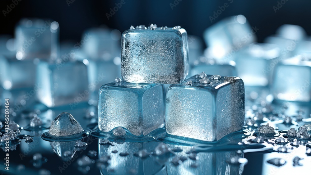 Melting ice cubes with water droplets on a reflective blue surface in macro shot Melting ice cubes with water droplets on a reflective blue surface in macro shot