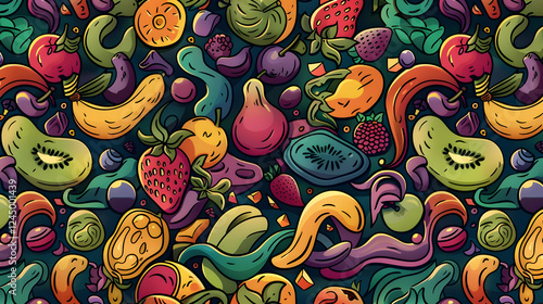Wallpaper Mural Colorful illustration of various fruits and abstract shapes on a dark background, ideal for food-related designs Torontodigital.ca