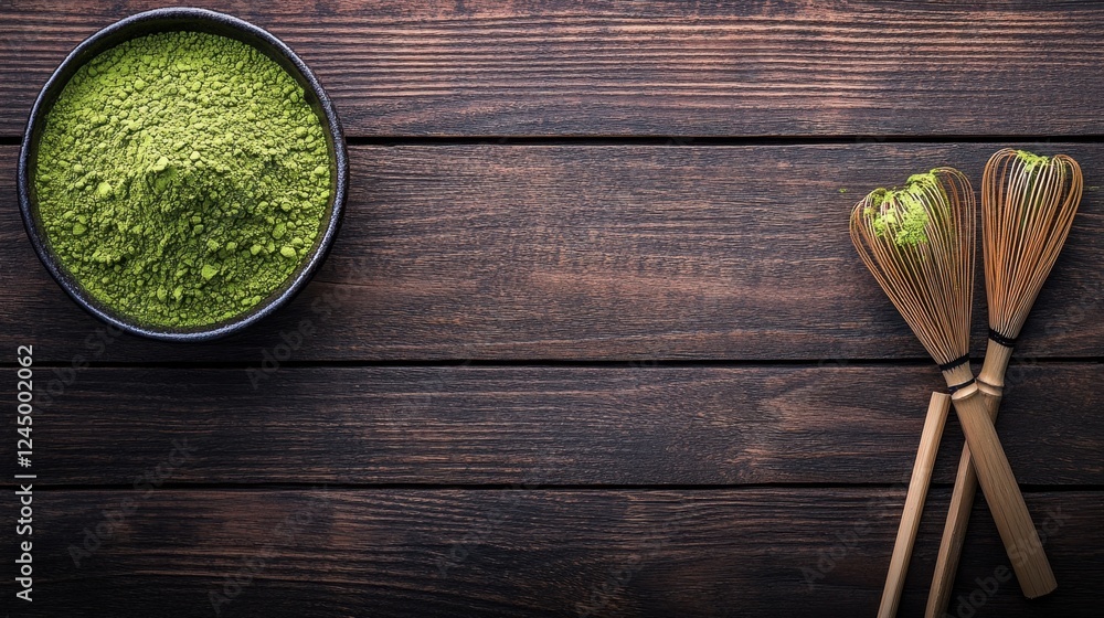Dark wood with a bowl of fresh matcha powder, with space left for branding or text. Dark wood with a bowl of fresh matcha powder, with space left for branding or text.