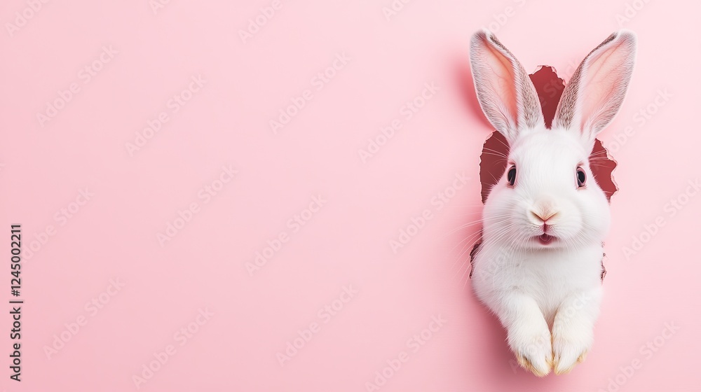 White Cute Rabbit Looking Out with a Surprised Expression on Pink Background: Perfect for Your Advertising Needs White Cute Rabbit Looking Out with a Surprised Expression on Pink Background: Perfect for Your Advertising Needs
