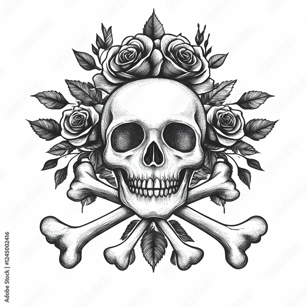Fototapeta premium Detailed Skull Illustration with Roses and Crossbones on White Background.