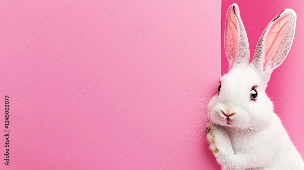 White Cute Rabbit Looking Out with a Surprised Expression on Pink Background: Perfect for Your Advertising Needs White Cute Rabbit Looking Out with a Surprised Expression on Pink Background: Perfect for Your Advertising Needs
