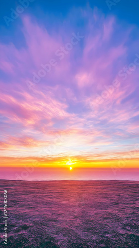 Sunset Paints the Sky and Ocean with Vivid Purple and Orange Hues in a Dreamlike Scenery