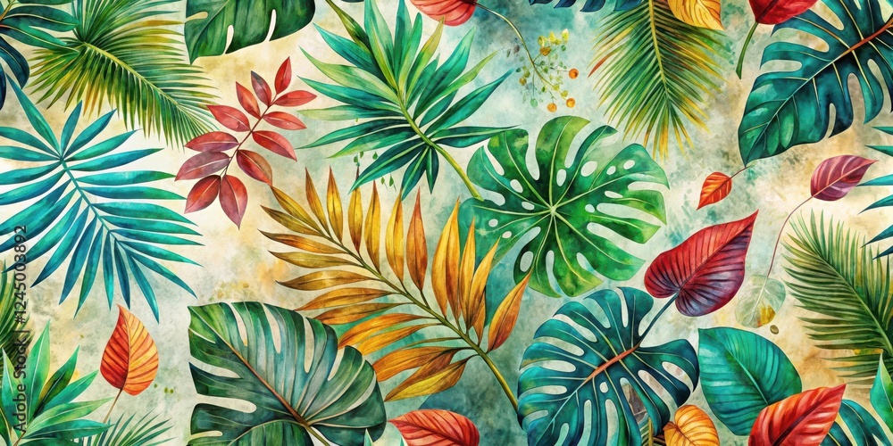 Colorful tropical leaves in a wallpaper style on a light background with intricate patterns and textures created by hand painted brushstrokes, handpainted, green Colorful tropical leaves in a wallpaper style on a light background with intricate patterns and textures created by hand painted brushstrokes, handpainted, green