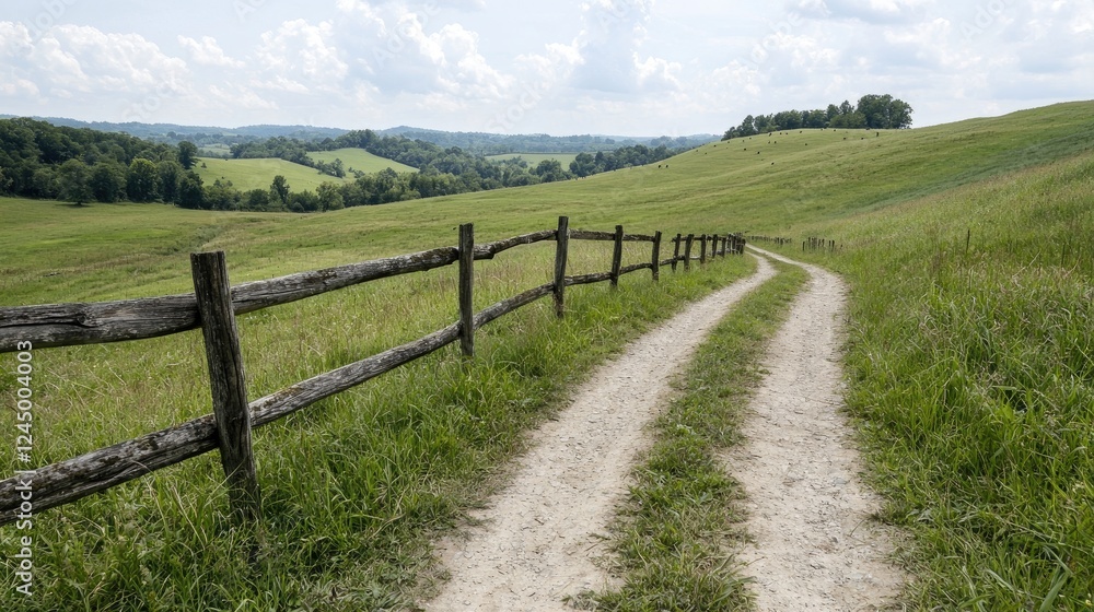 Countryside path, rolling hills, summer day, fence, nature background, scenic wallpaper Countryside path, rolling hills, summer day, fence, nature background, scenic wallpaper