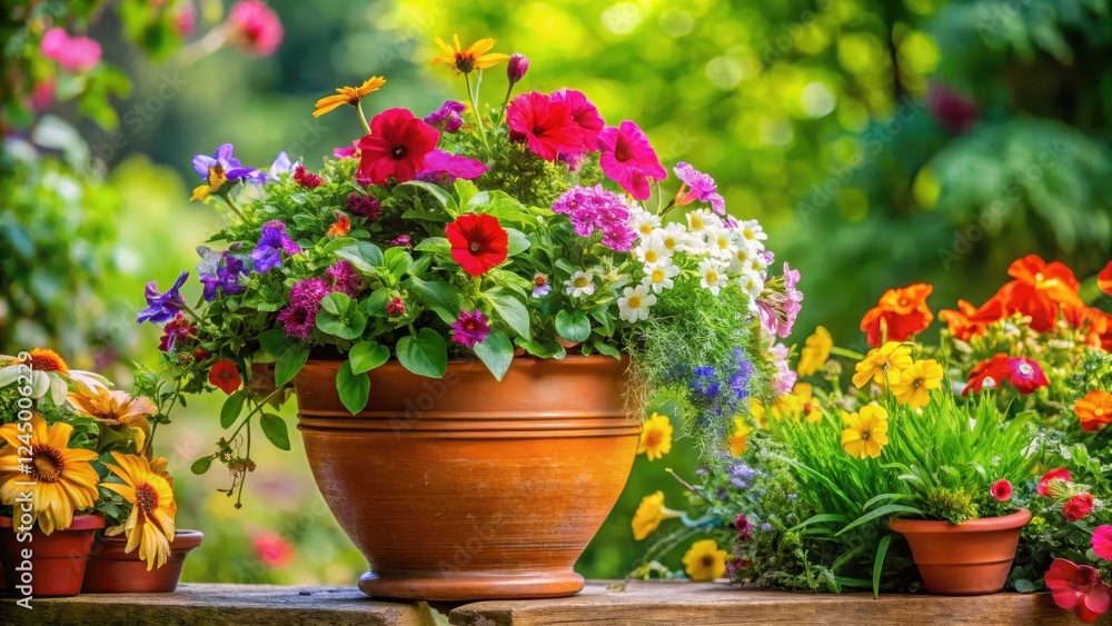 Vibrant blooms spill from terracotta planter amidst lush greenery , garden decor, flowers, garden decor, flowers, bloom Vibrant blooms spill from terracotta planter amidst lush greenery , garden decor, flowers, garden decor, flowers, bloom