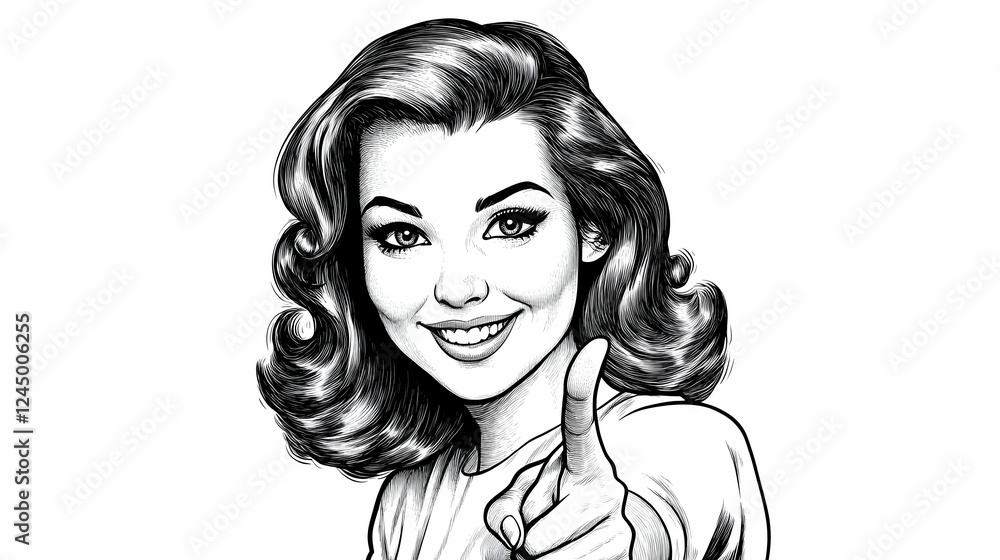 Smiling Woman Points Finger Directly at Viewer in Vintage Illustration Style