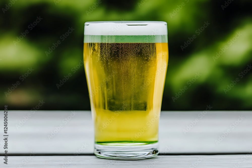 Cold beer, outdoor table, green bokeh, summer drink Cold beer, outdoor table, green bokeh, summer drink