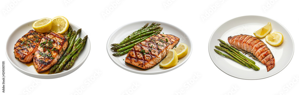 Set of grilled salmon fillet with asparagus and lemon, isolated on transparent background, cut out Set of grilled salmon fillet with asparagus and lemon, isolated on transparent background, cut out