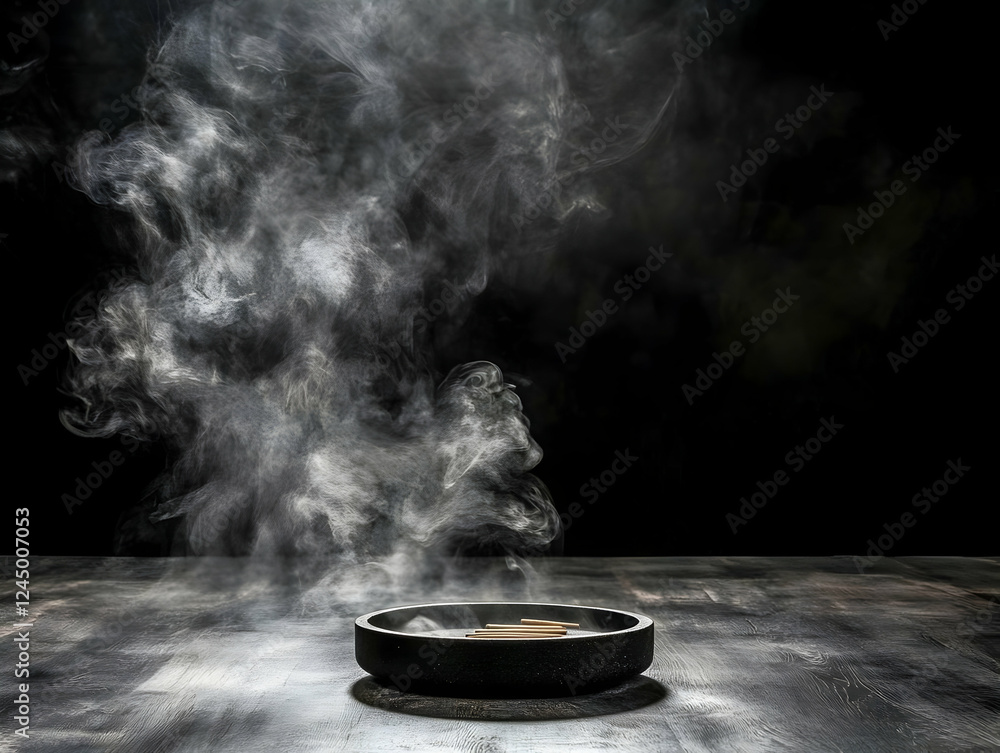 Incense Sticks Smolder and Release Aromatic Smoke Beautifully on a Dark Background Artistically Incense Sticks Smolder and Release Aromatic Smoke Beautifully on a Dark Background Artistically