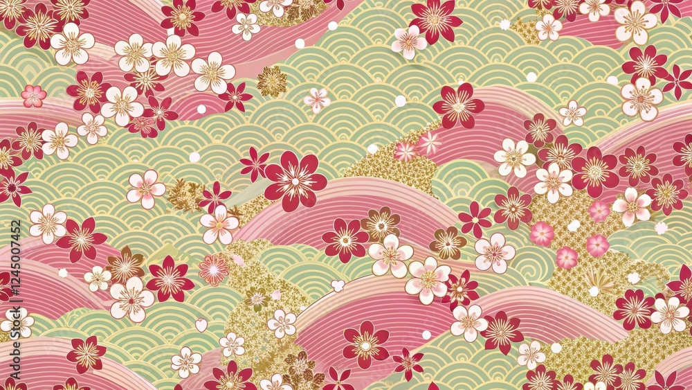 Traditional Japanese seamless pattern with cherry blossoms and waves, wave patterns, japan Traditional Japanese seamless pattern with cherry blossoms and waves, wave patterns, japan