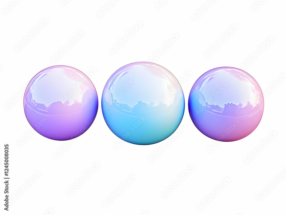 Three Glossy Spheres Showcase Vibrant Purple and Blue Hues on a Clean White Backdrop. Three Glossy Spheres Showcase Vibrant Purple and Blue Hues on a Clean White Backdrop.