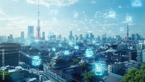 Tokyo Skyline with Futuristic Digital Network Overlay