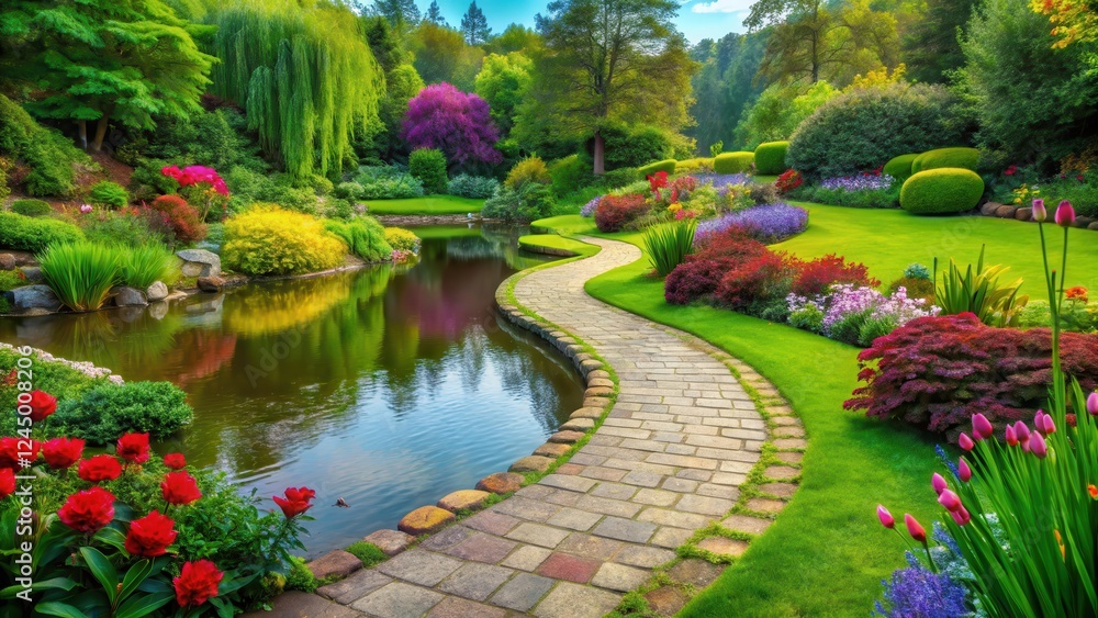 Fototapeta premium Serene landscape of a well-manicured garden with a winding stone path leading to a tranquil pond surrounded by lush greenery and vibrant flowers, beautiful gardens, serenity