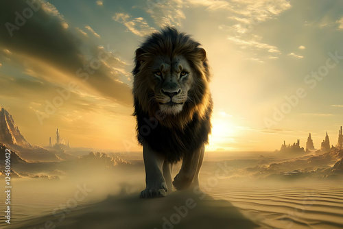 Majestic Lion Walks Through...