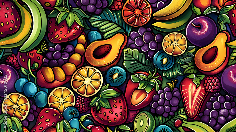 Naklejka premium Vibrant assortment of colorful fruits arranged artistically with a dark background, showcasing freshness
