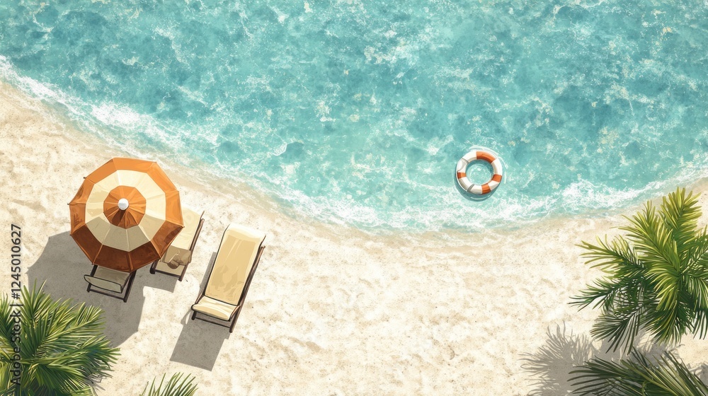 Naklejka premium Tranquil Beach Scene with Lounge Chairs Umbrella and Life Ring