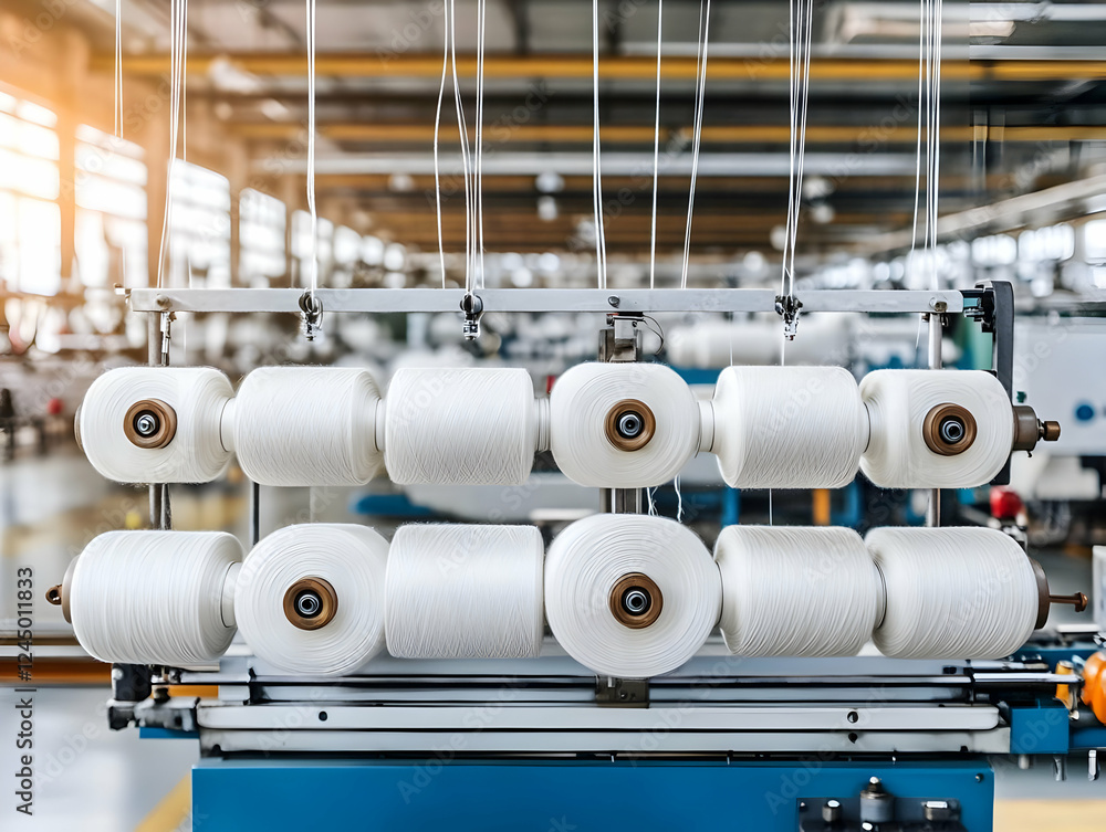 White Thread Spools Rotate on Industrial Machinery in Textile Factory Production Line White Thread Spools Rotate on Industrial Machinery in Textile Factory Production Line