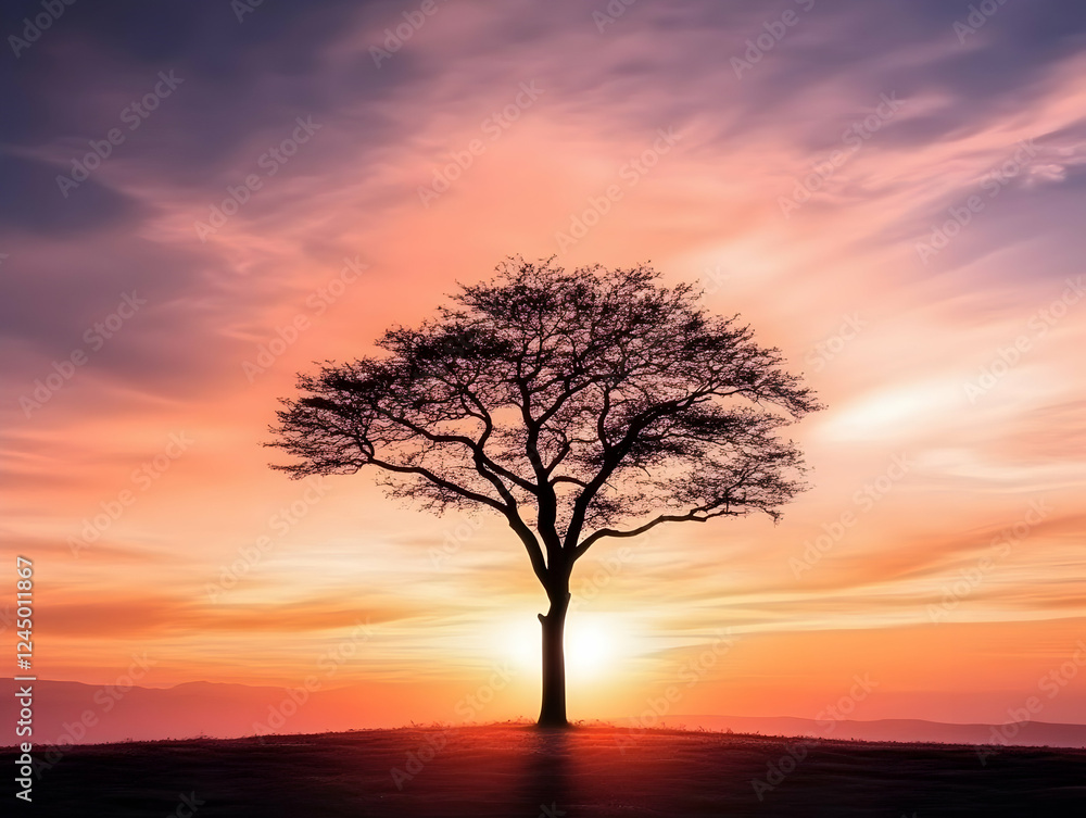 Lone Tree Silhouette Stands Majestically Against a Vibrant Sunset Sky with Rolling Hills Lone Tree Silhouette Stands Majestically Against a Vibrant Sunset Sky with Rolling Hills