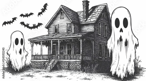 Spooky Haunted House Illustration with Ghosts and Bats for Halloween Decor photo