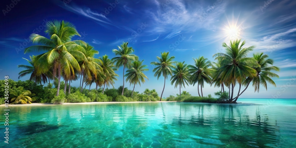 Tropical oasis landscape with palm trees and turquoise water gradient background in shades of blue and green Tropical oasis landscape with palm trees and turquoise water gradient background in shades of blue and green