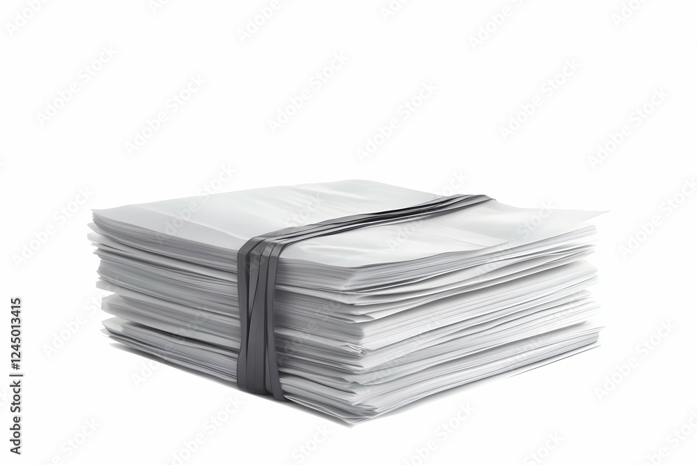 Stack of Papers Securely Bound with a Gray Strap on White Background Stack of Papers Securely Bound with a Gray Strap on White Background