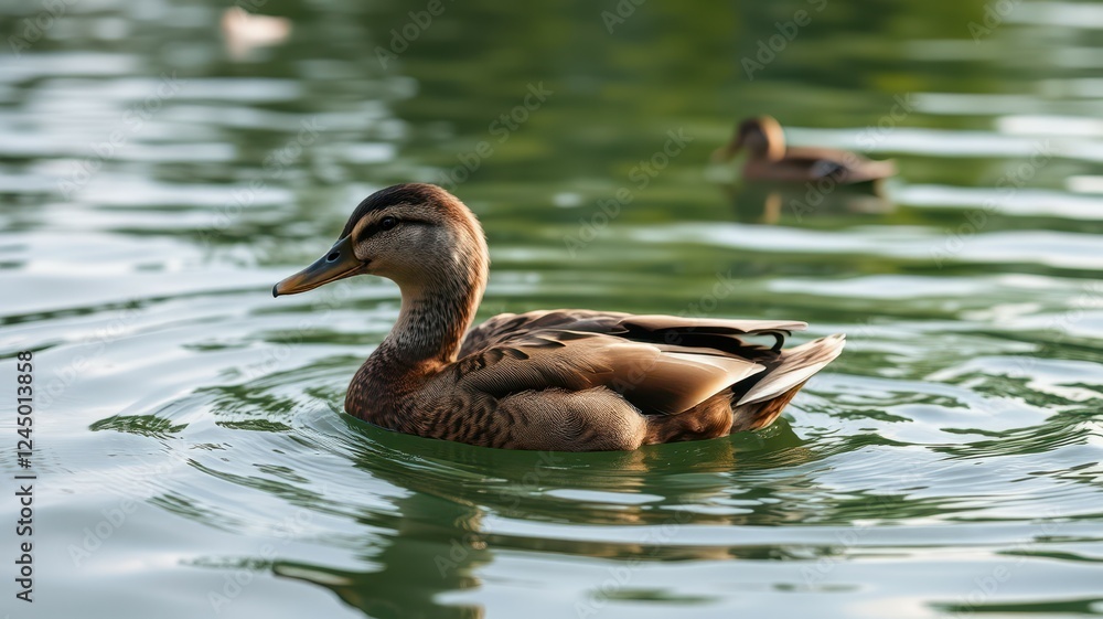 Mallard duck swimming gracefully on calm water during golden hour at a tranquil lake setting