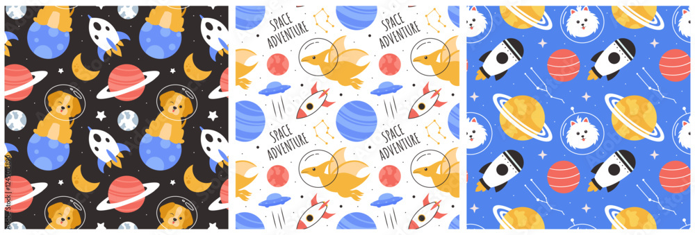 Seamless Pattern of Outer Space Exploration with Floating Astronaut and Planets in Cartoon Flat Design Illustration Seamless Pattern of Outer Space Exploration with Floating Astronaut and Planets in Cartoon Flat Design Illustration