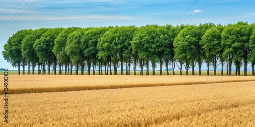 Dense rows of trees in a wheat field, forming a natural windbreak and boundary for agricultural land , wind break, agricultural boundary
