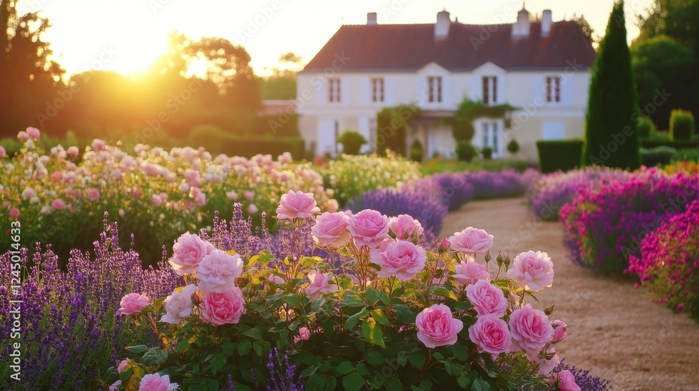 Fototapeta premium Ornamental flower beds with roses and lavender in a formal French-style garden, with a beautiful home as the backdrop.