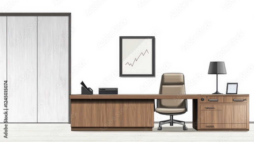 Fototapeta premium Modern office interior featuring a stylish desk, ergonomic chair, and minimalist decor