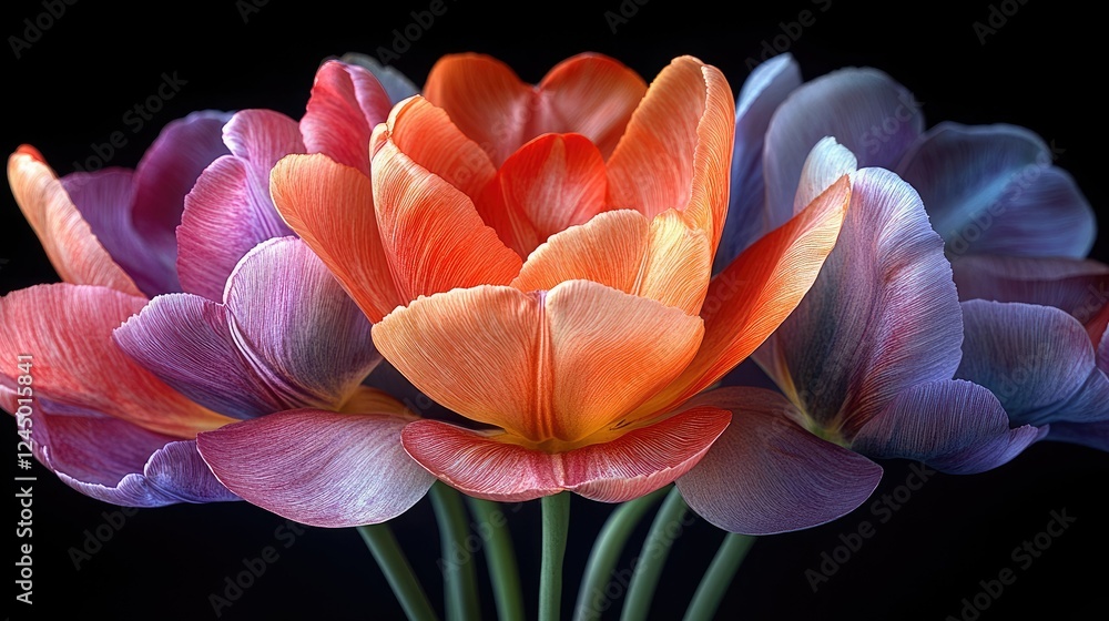 Obraz premium A close-up shot of several multi-colored tulips, showing the detailed petals and textures of the flowers, emphasizing their natural beauty.