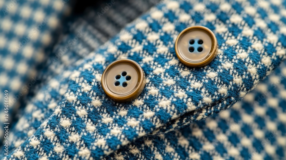 Close-up of Blue Checkered Fabric with Buttons on Tailored Garment Close-up of Blue Checkered Fabric with Buttons on Tailored Garment