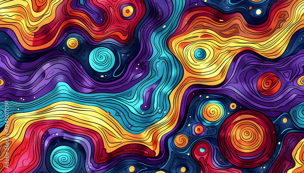 Vibrant abstract cosmic swirl pattern with colorful waves and planets in a deep space backdrop Vibrant abstract cosmic swirl pattern with colorful waves and planets in a deep space backdrop