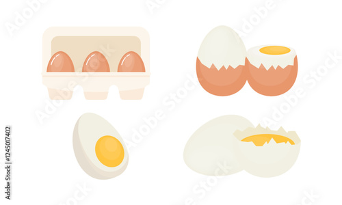 Egg sets in various forms raw, boiled and fried. Organic agricultural products. Ingredients for breakfast