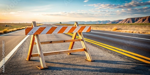 Sawhorse traffic barricade placement in open road setting, traffic sawhorse barricade, road management