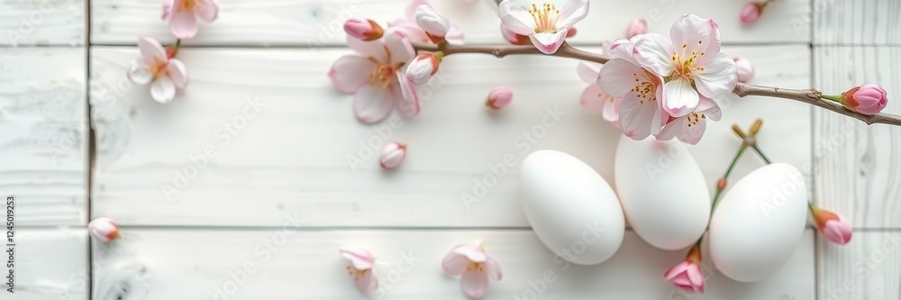 White eggs and delicate cherry blossom branches arranged on a light wooden surface for spring celebration White eggs and delicate cherry blossom branches arranged on a light wooden surface for spring celebration