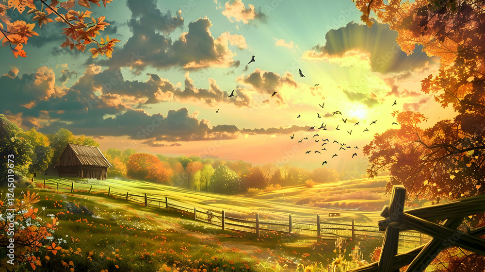 Fototapeta premium Serene autumn landscape with a rustic barn, vibrant foliage, and a colorful sunset backdrop