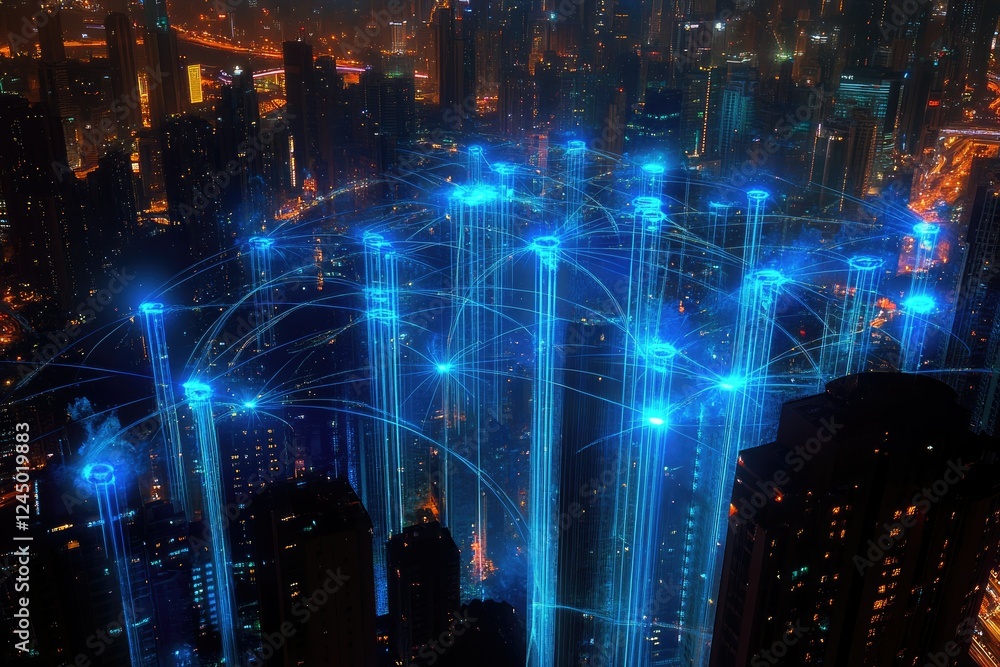 Fototapeta premium Night Cityscape Illuminated With Futuristic Network Connections