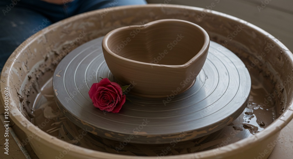 Clay pottery station half-formed heart bowl on the wheel, rose placed gently, overhead tungsten Clay pottery station half-formed heart bowl on the wheel, rose placed gently, overhead tungsten