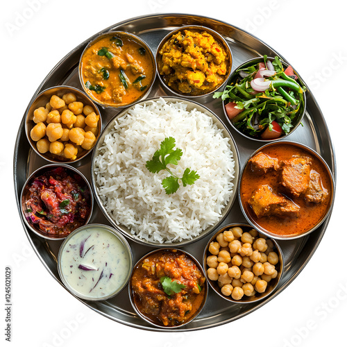 Fresh Indian curry set top view in png no background thali plate with rice, clipping path photo