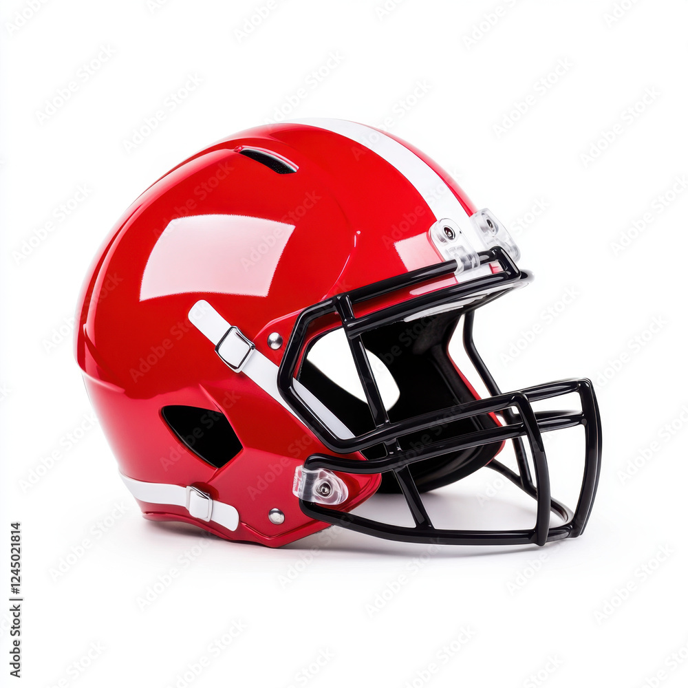 Fototapeta premium vibrant red rugby helmet with sleek black faceguard, showcasing modern design. Perfect for sports enthusiasts and athletes looking for safety and style
