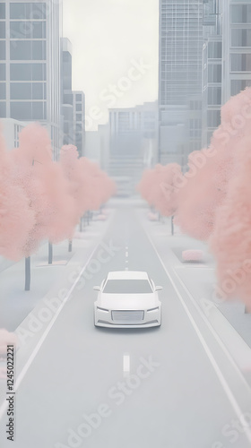 White Car Drives Down City ...