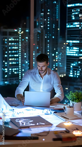 Businessman Works on Laptop...